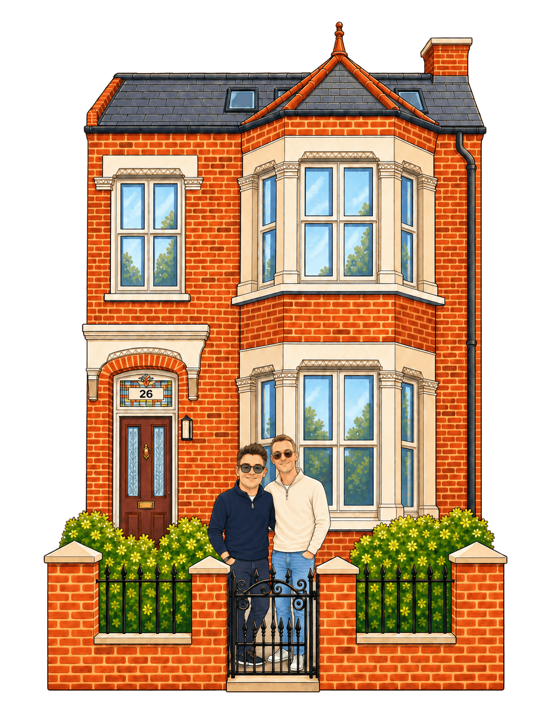 Illustration of our red-brick home with James and Jamie at the gate
